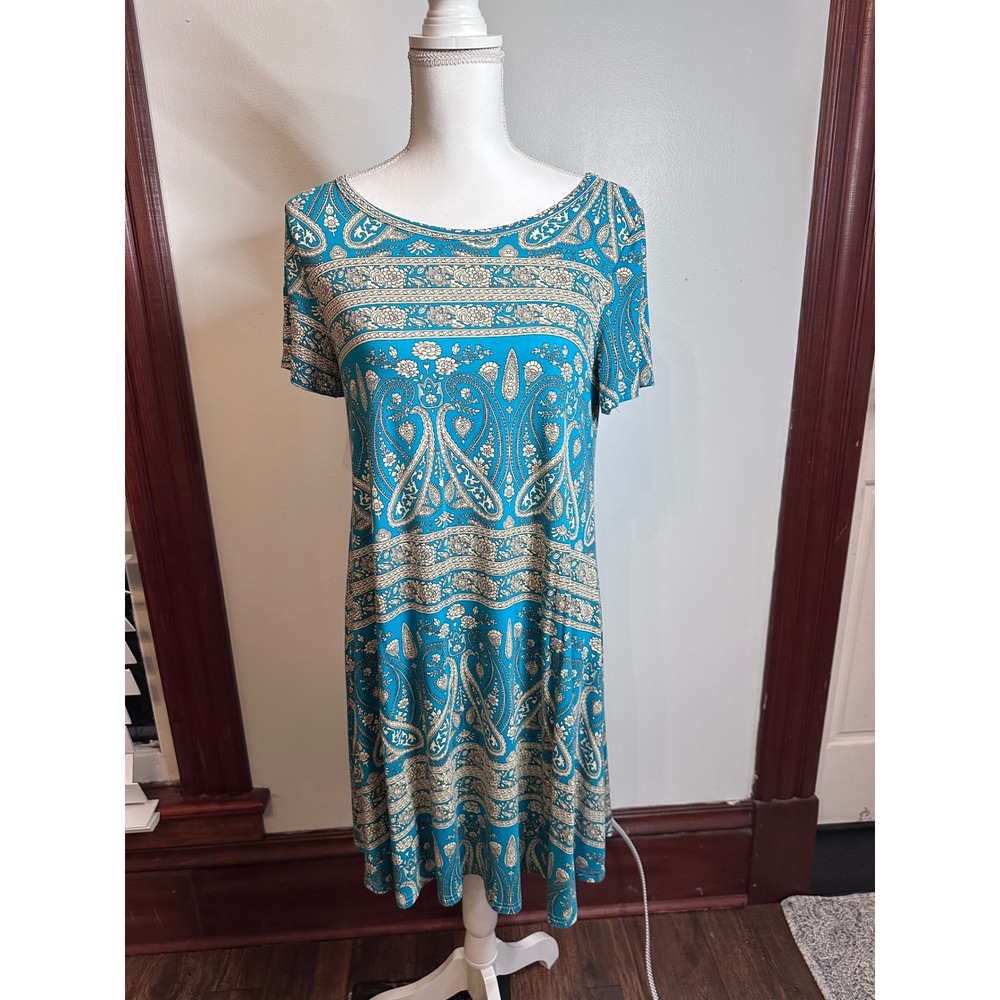 Popyoung Womens Teal Paisley Print Short Sleeve T-Shirt Dress Size L Scoop Neck